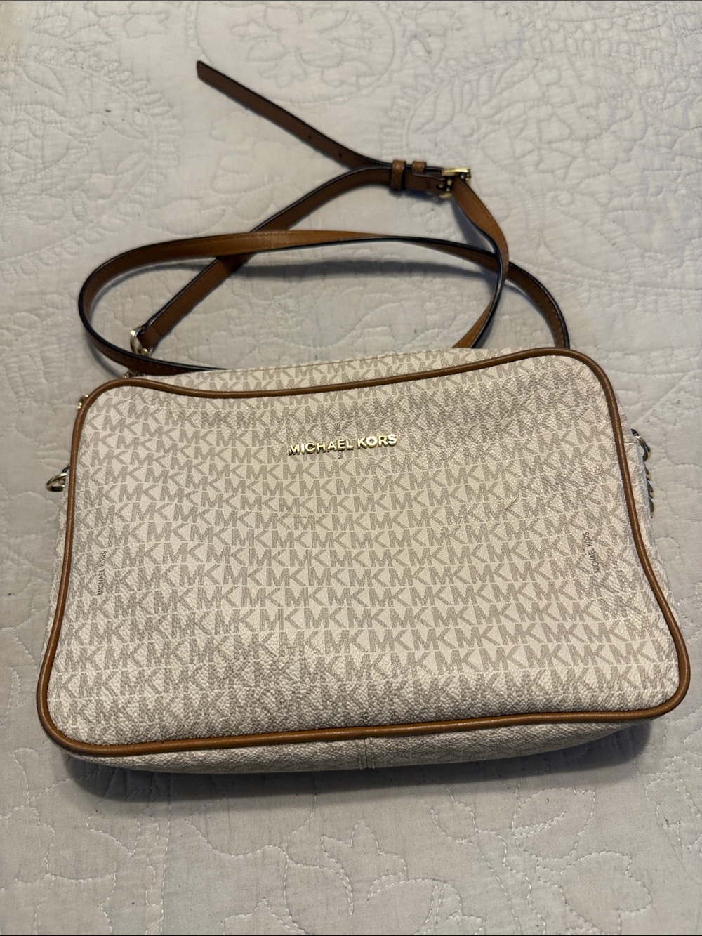 Michael Kors Beige and Brown MK Logo Crossbody Bag
